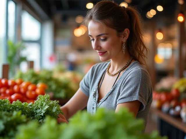 A person thoughtfully selecting fresh produce at a farmers market, emphasizing mindful eating and healthy choices for adults over 35.