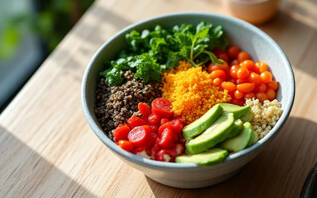 A vibrant bowl of fresh, plant-based food, representing healthy nutrition choices.